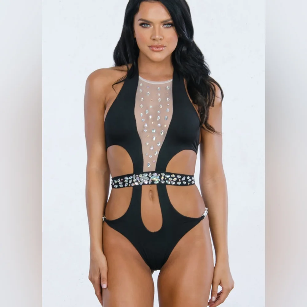 Sexy black gem one piece bikini